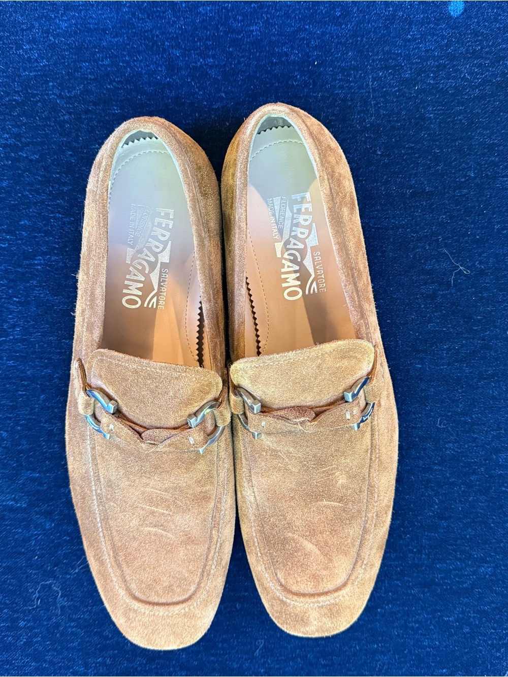Salvatore Ferragamo Men's Suede Loafers in Cognac Brown with Metal Bit